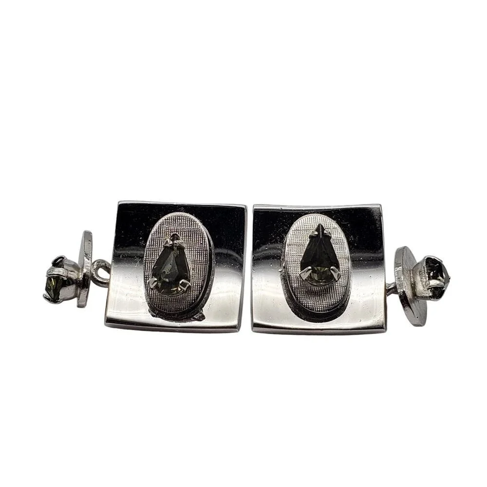 Smoke Faceted Glass Stone Cufflinks Silver Tone Teardrop Double Faced Chainlink